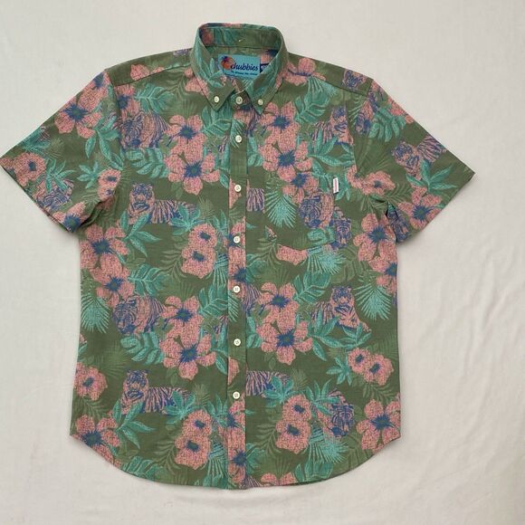 Chubbies Hawaiian Shirt Mens Medium Pink Green Floral Tiger Button Up Aloha - Picture 1 of 7